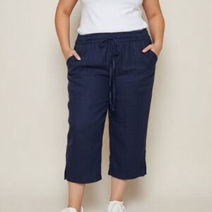 Erika Navy Blue Cropped Pants Pull On Elastic Drawstring Waist Size Medium